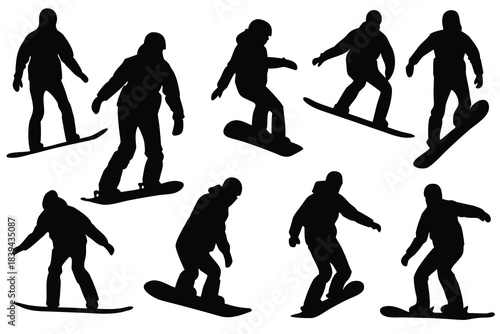 Collection of diverse snowboarder silhouettes in action poses silhouette