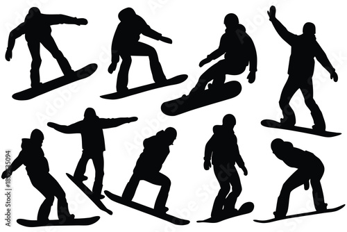 Collection of diverse snowboarder silhouettes in dynamic action poses silhouette