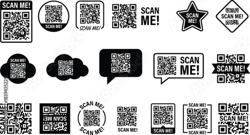 QR code labels, scan me signs, mobile scanning prompts, digital access icons, modern promotional stickers, contactless technology symbols for marketing and communication