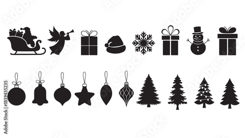 a collection of festive christmas icons including gifts ornaments a sleigh and trees in a sleek silhouette on transparent background high quality professional detailed modern elegant
