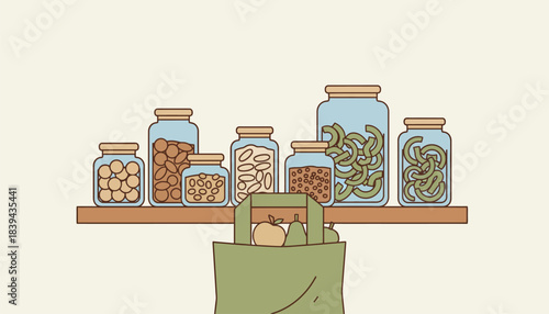A kitchen countertop stocked with glass jars containing bulk grains nuts and es illustrating a plasticfree approach to food storage and consumption.