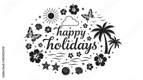 a delightful tropical arrangement featuring a sun palm tree flowers butterflies and the text happy holidays on transparent background silhouette high quality professional detailed modern elegant