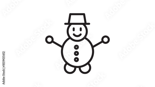 a simple black and white line drawing of a snowman with a hat and buttons arms outstretched on transparent background silhouette high quality professional detailed modern
