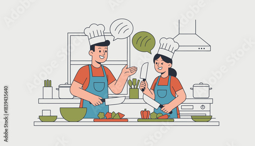 Partners engage in a cooking class focused on mastering a new cuisine while sharing playful banter and chopping vegetables.