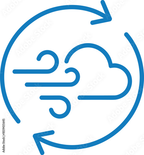 Minimalist airflow icon featuring wind and cloud inside circular arrows, perfect for ventilation, weather, climate control, recycling air, and HVAC illustrations