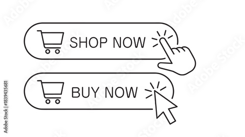 A minimalistic depiction of two rectangular buttons with shopping cart icons and text prompts including a hand cursor on transparent background silhouette high quality professional detailed