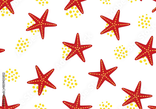 Seamless pattern of red starfish and yellow sand dots on a, cute marine life illustration, white