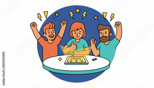 A group of friends participating in a trivia night cheering each other on even amid fierce competition for the top spot.