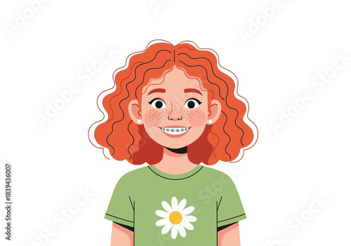Portrait of a happy young girl with curly red hair and braces, wearing a green tshirt with a daisy flower
