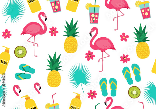 Tropical summer seamless pattern with flamingos, pineapples, and flipflops
