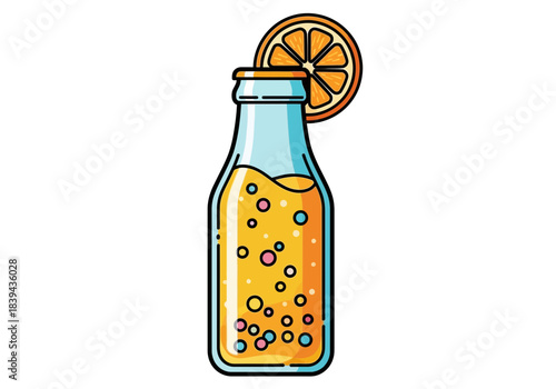 Orange juice in a glass bottle with a slice of orange on top, healthy drink, white