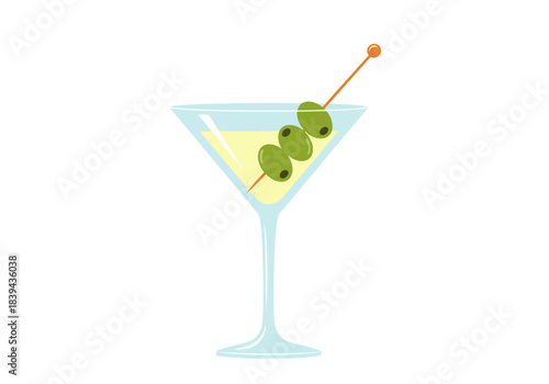 Martini cocktail with three green olives on a skewer in a classic glass, white