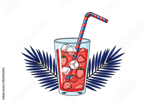 Refreshing strawberry summer drink in a glass with ice cubes and a patriotic striped straw, decorated with blue palm leaves