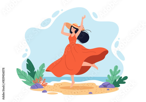 Joyful woman in a long orange dress dancing on a sandy beach near the ocean with tropical plants