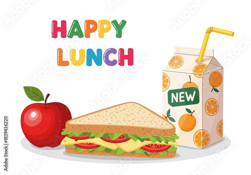 Happy lunch composition with sandwich, apple, and juice box