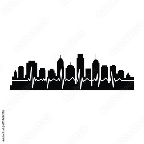 Modern city skyline with heartbeat pulse line creating health medical metropolitan urban landscape concept for urban living wellness vector illustration