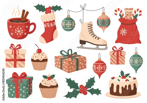 Collection of christmas and winter holiday elements hot chocolate, stocking, ice skate, gift boxes, ornaments, cupcakes, and holly, white