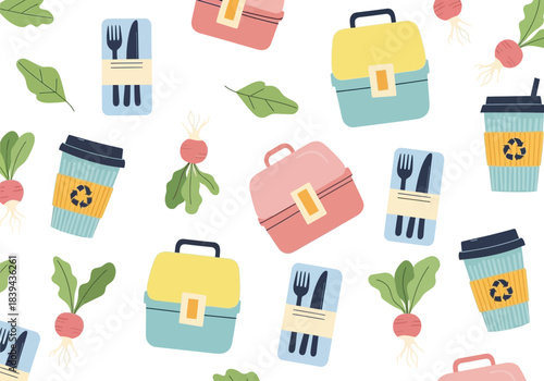 Seamless pattern with lunch boxes, reusable coffee cups, radishes, and cutlery sets