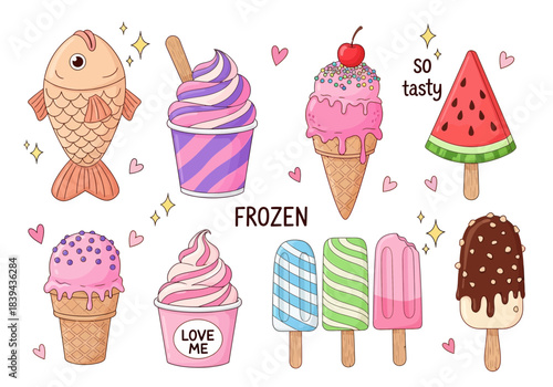 Collection of various frozen desserts including ice cream cones, cups, popsicles, and a fishshaped sweet treat