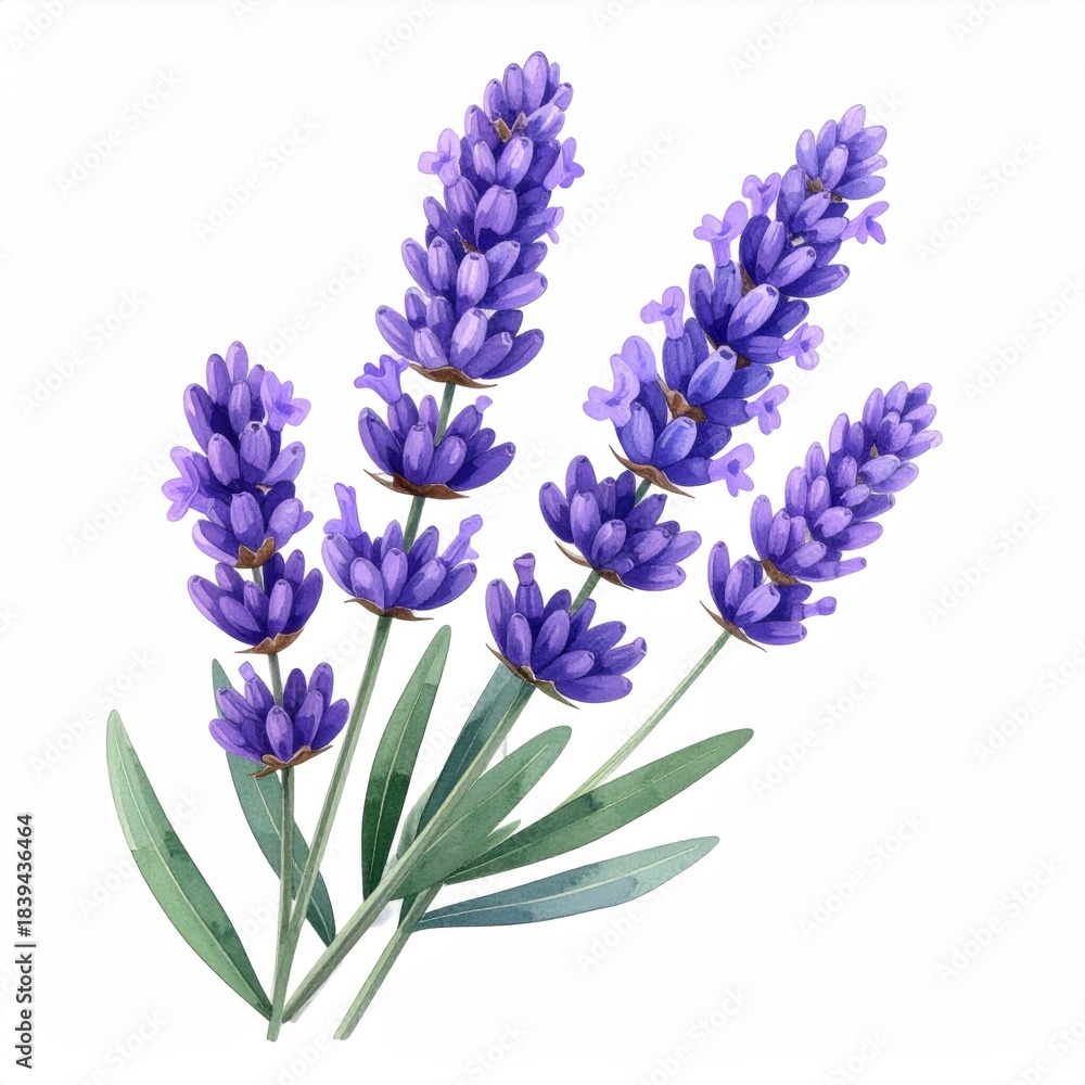 Fototapeta premium Close up of purple lavender flowers with green leaves on white background