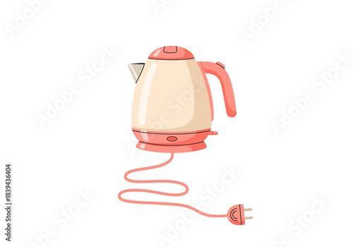Modern pink and cream electric kettle with cord and plug, kitchen appliance illustration white