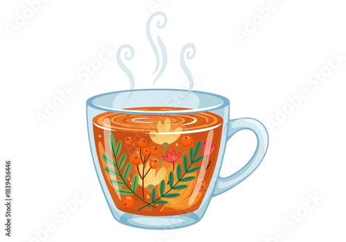 Steaming hot herbal tea in a doublewalled glass mug with autumn flowers and berries inside, white
