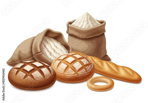 Assortment of freshly baked bread and flour sacks, white