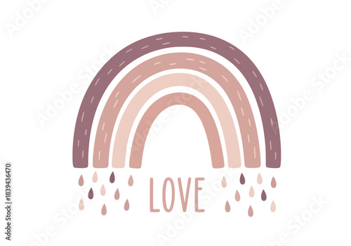 Cute boho rainbow with raindrops and the word love, pastel colors, white