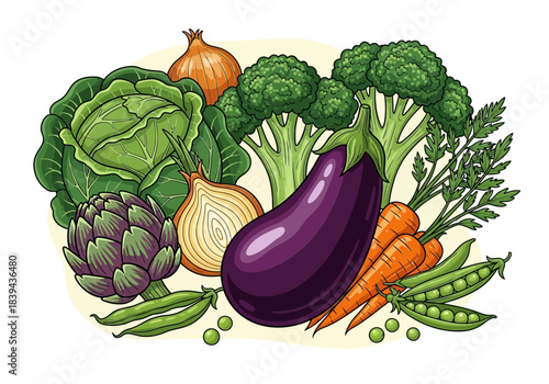 Assortment of fresh vegetables including cabbage, onion, artichoke, broccoli, eggplant, carrots, and peas