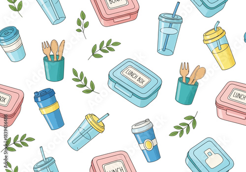 Seamless pattern of lunch boxes and drink containers, white