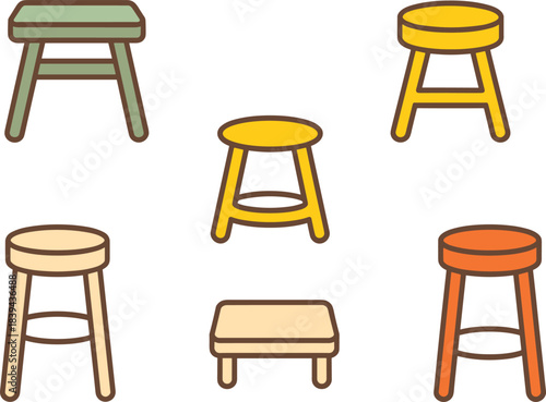 Collection of colorful wooden stool illustrations featuring round and square seats, simple furniture designs perfect for interior decor, home, and classroom projects