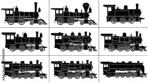 Steam locomotive icon grid, vintage train silhouettes, railway transport symbols, historical engine designs, vector illustration, black silhouette collection