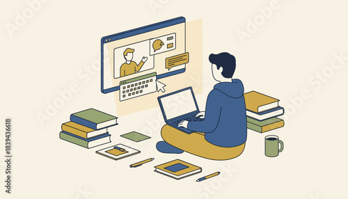 A student attending a livestreamed workshop interacting through a chat feature surrounded by books and study materials.