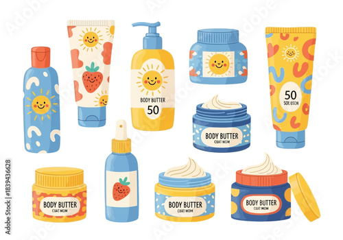Collection of various sun care and body butter products like bottles, tubes, and jars with happy sun faces, white