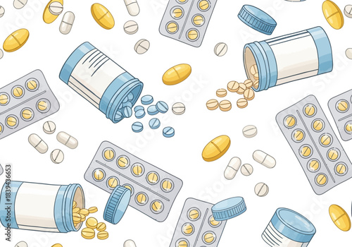 Seamless pattern of various pills, capsules, and medicine bottles scattered on a white