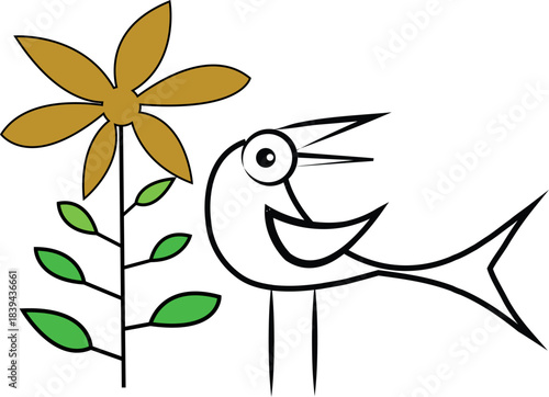 Blue bird on a flowering branch in a simple vector illustration