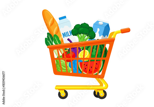 Grocery shopping cart filled with various food items including bread, milk, broccoli, watermelon, and other groceries white