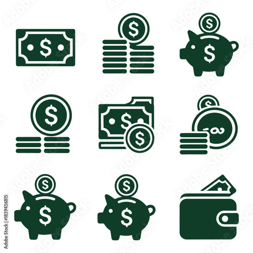Set of dollar money and piggy bank icons vector illustration, collection of financial symbols including cash, coins and saving concept on transparent background