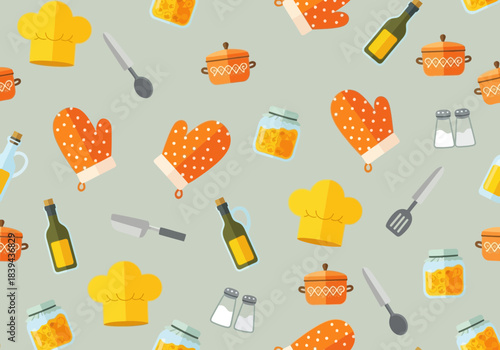 Seamless pattern of cooking and kitchen utensils, chef hats, oven mitts, pots, bottles, and jars on a light background cooking theme background