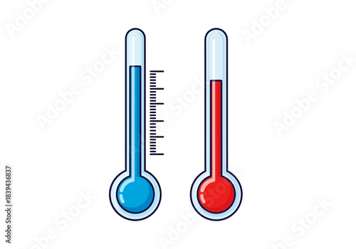 Two thermometers showing cold and hot temperature, one blue and one red, white