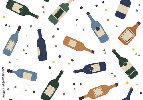 Seamless pattern of various wine bottles and confetti on, illustration, wallpaper, textile print, celebration, party, alcohol drinks, beverage, winery, vineyard, vector
