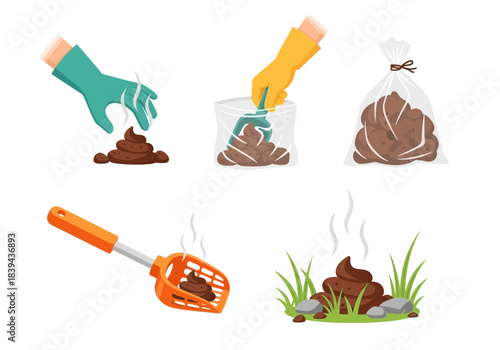 Collection of dog poop cleanup process illustrations picking up feces with gloves, bagging waste, using a pooper scooper