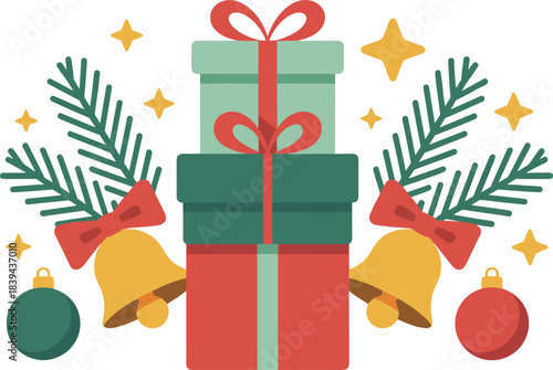 Christmas gifts illustration, holiday presents, festive boxes, Christmas decorations, bells, ornaments, pine branches, flat vector seasonal design