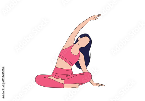 Woman doing side bend yoga pose variation sitting on floor with arm raised healthy lifestyle, fitness, stretching exercise illustration