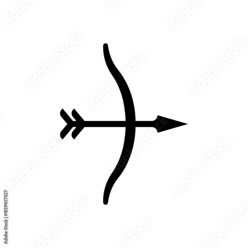Bow and arrow crossed and drawn. Simple black silhouette vector icon of a drawn bow with an arrow aimed and ready to launch. Minimalist isolated illustration on white background.