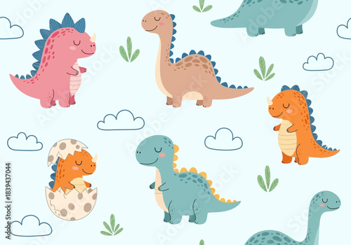 Cute cartoon dinosaurs seamless pattern background with baby reptiles in pastel colors on light blue