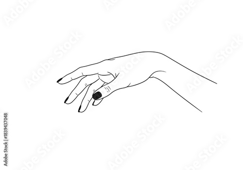 Elegant female hand reaching out with manicured nails, line art drawing