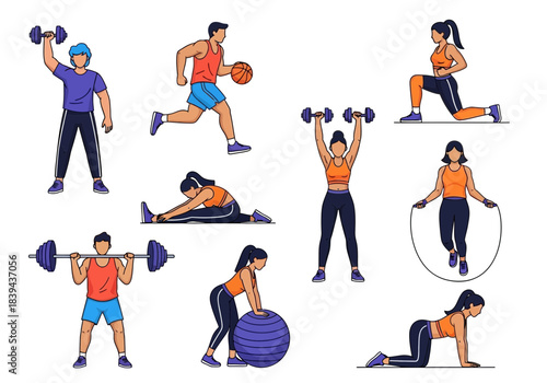 Set of people exercising with fitness equipment, weightlifting, stretching, jumping rope