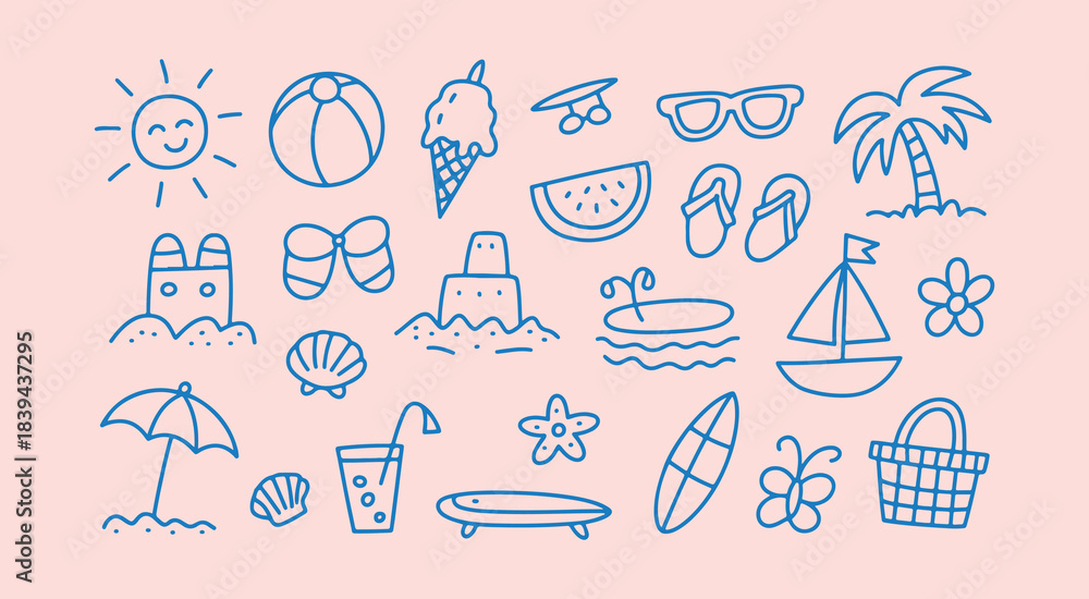 Naklejka premium Playful hand-drawn summer beach doodle set with cute line art icons including sun, surfboard, ice cream, sailboat, shells, and palm tree