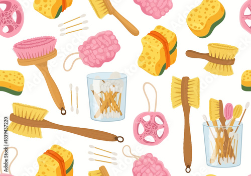 Seamless pattern of bath accessories, body brushes, sponges, cotton swabs, and toothbrushes for body care and hygiene